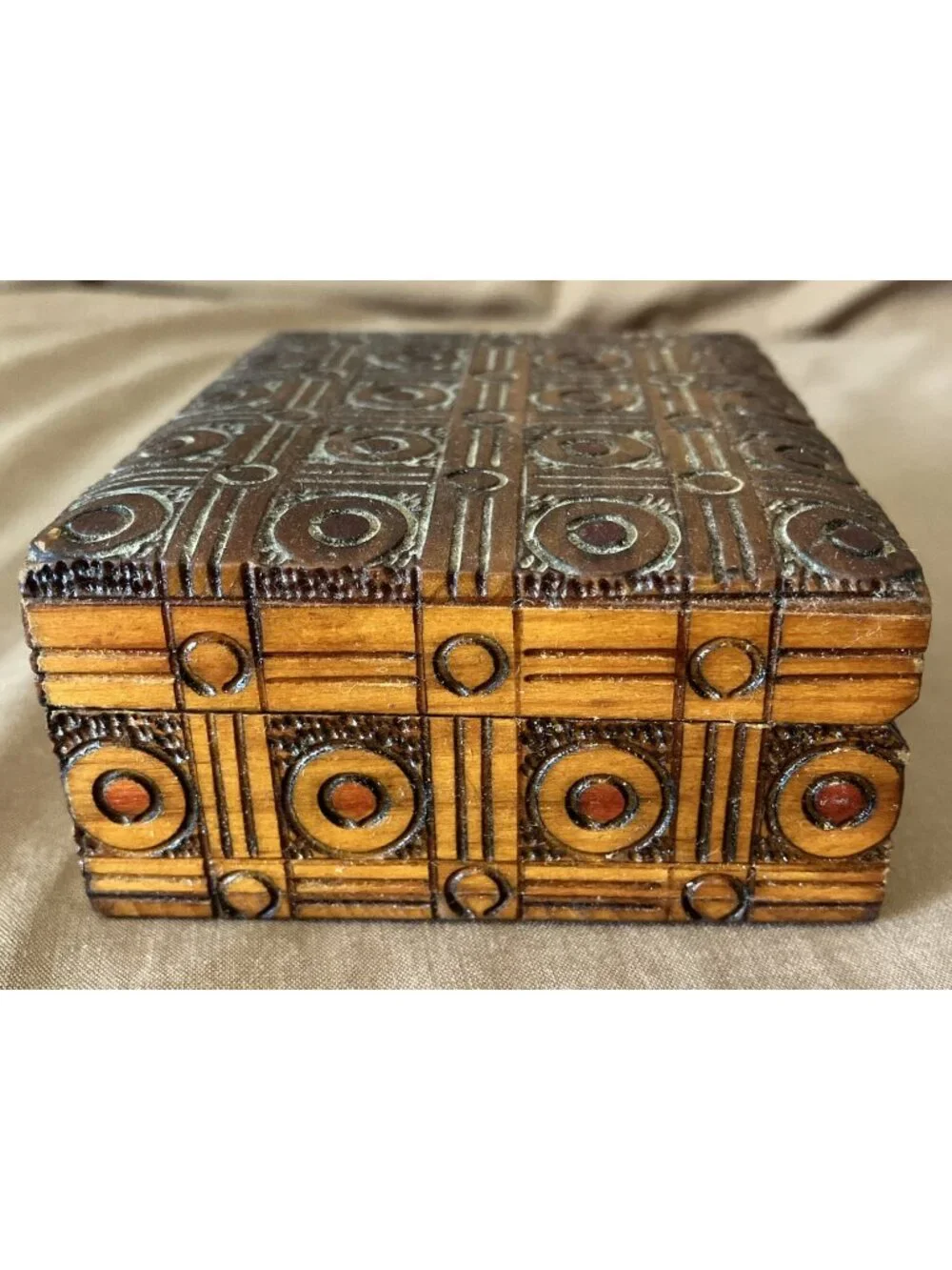 Trinket Box Carved Wooden With Hinged Lid 4'' X 3 1/4” X 1 1/2”